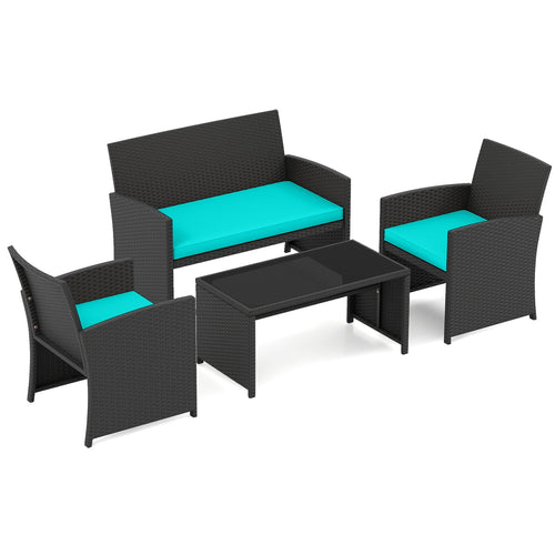 4 Pieces Patio Furniture Set with Tempered Glass Tabletop and Removable Cushion, Turquoise