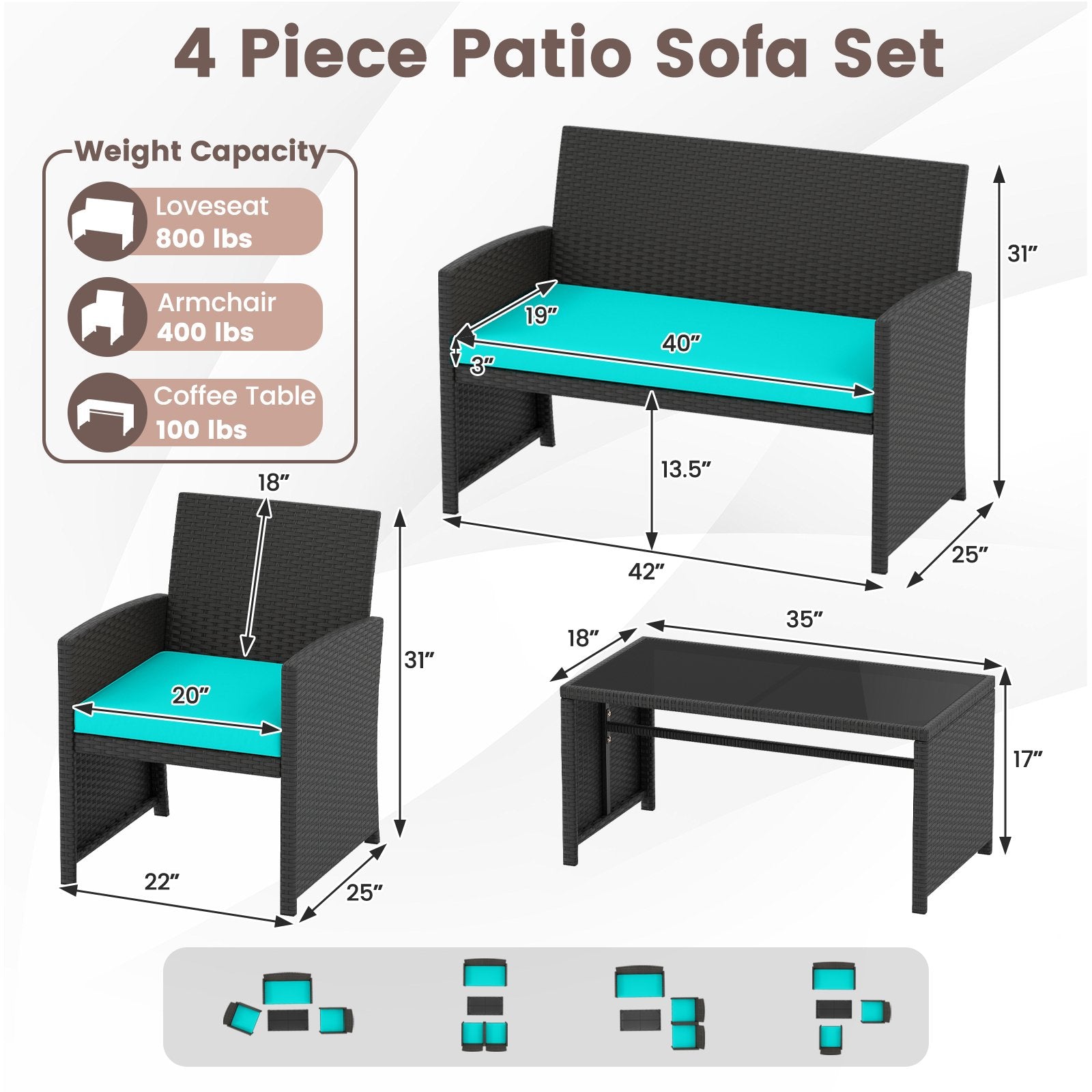 4 Pieces Patio Furniture Set with Tempered Glass Tabletop and Removable Cushion, Turquoise Patio Conversation Sets at Gallery Canada