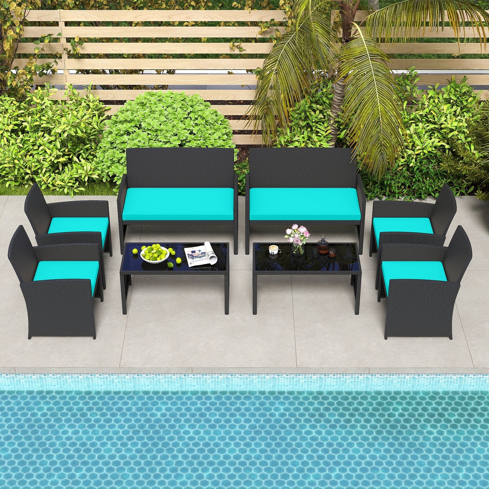 4 Pieces Patio Furniture Set with Tempered Glass Tabletop and Removable Cushion, Turquoise Patio Conversation Sets at Gallery Canada