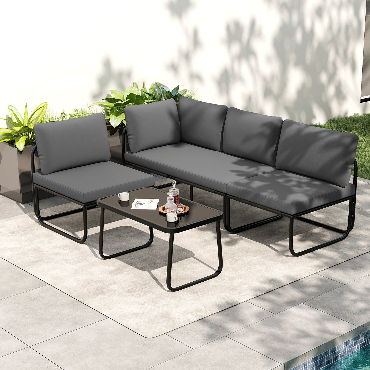 4 Pieces Patio Furniture Set with Cushions and Coffee Table, Gray