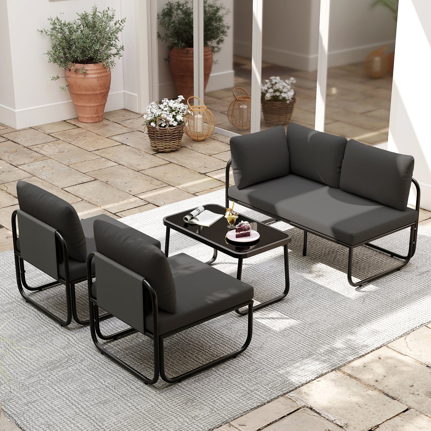 4 Pieces Patio Furniture Set with Cushions and Coffee Table, Gray