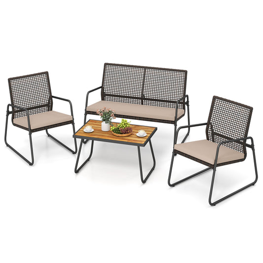 4 Pieces Patio Furniture Set with Acacia Wood Coffee Table and Zippered Cushions-Mix Brown, Brown Patio Furniture Sets Brown at Gallery Canada