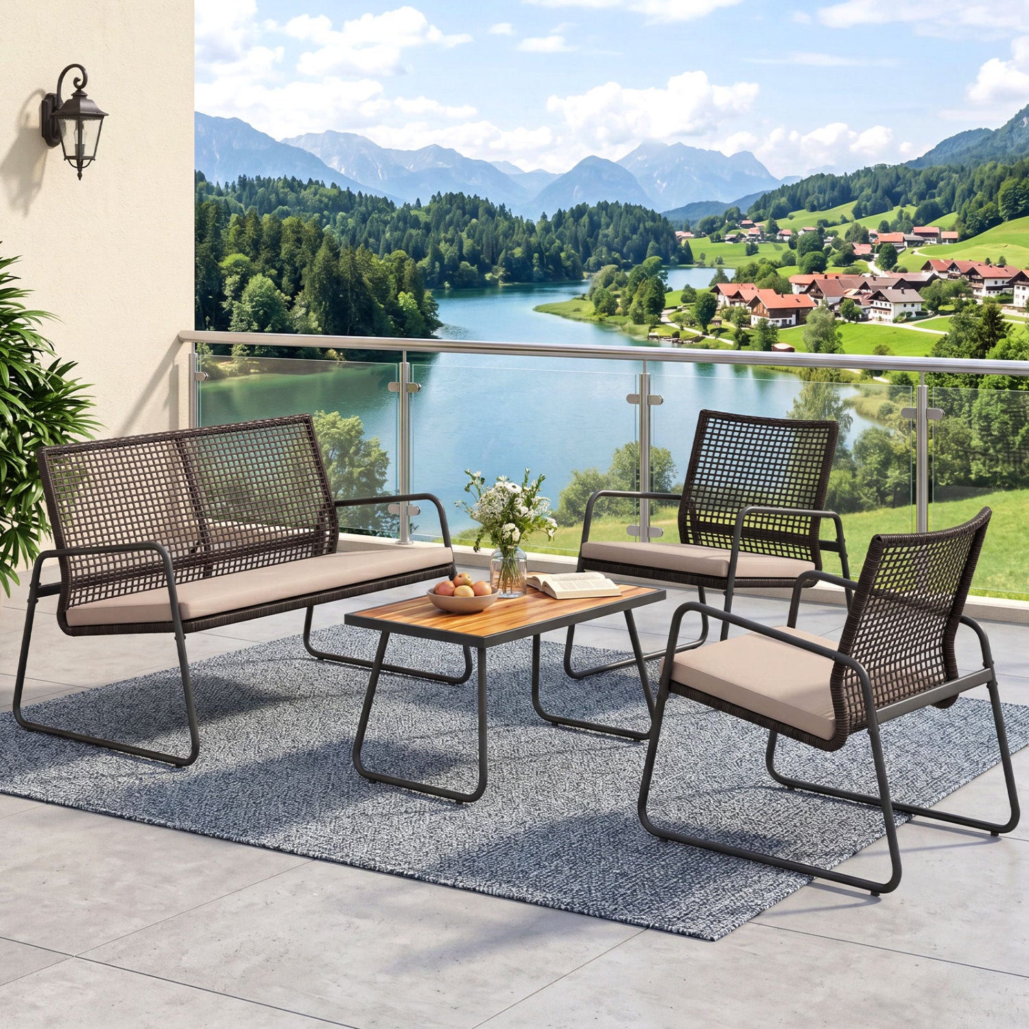 4 Pieces Patio Furniture Set with Acacia Wood Coffee Table and Zippered Cushions-Mix Brown, Brown Patio Furniture Sets at Gallery Canada