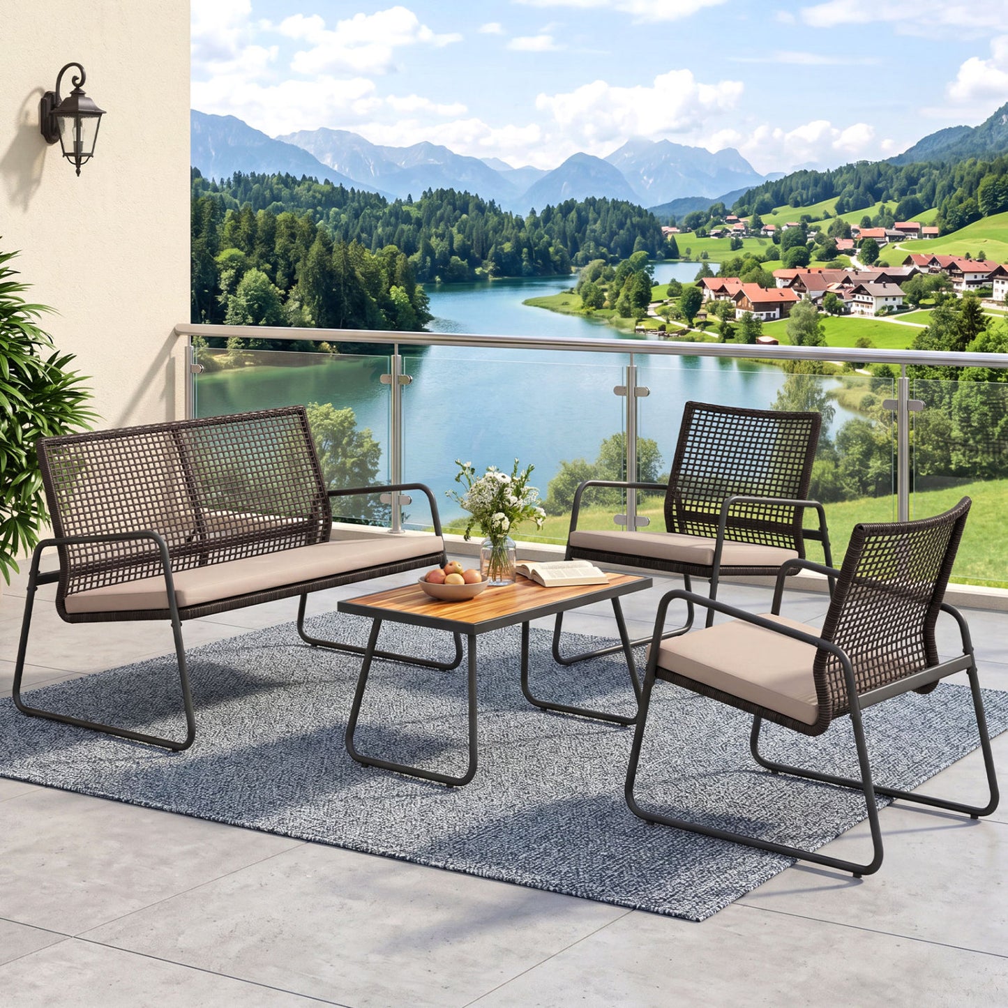 4 Pieces Patio Furniture Set with Acacia Wood Coffee Table and Zippered Cushions-Mix Brown, Brown Patio Furniture Sets at Gallery Canada
