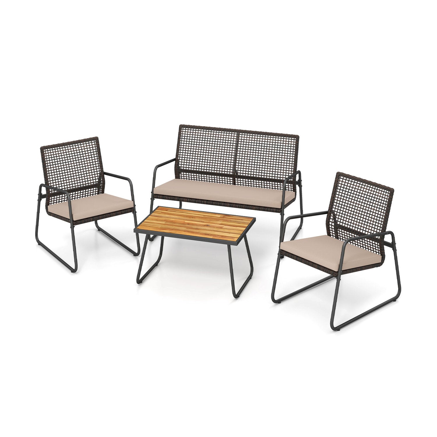 4 Pieces Patio Furniture Set with Acacia Wood Coffee Table and Zippered Cushions-Mix Brown, Brown Patio Furniture Sets at Gallery Canada