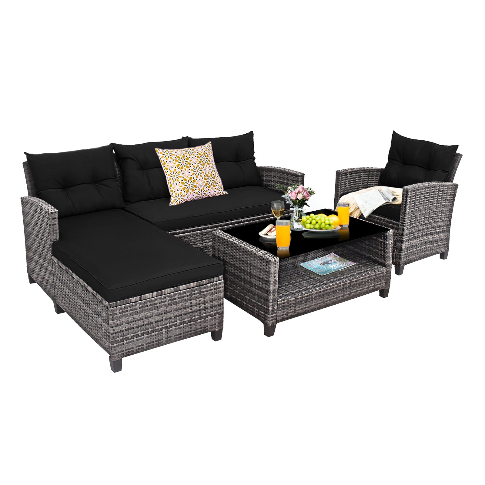 4-Piece Patio Rattan Sofa Set With Cushion, 2-Tier Coffee Table, Black Outdoor Sectionals at Gallery Canada