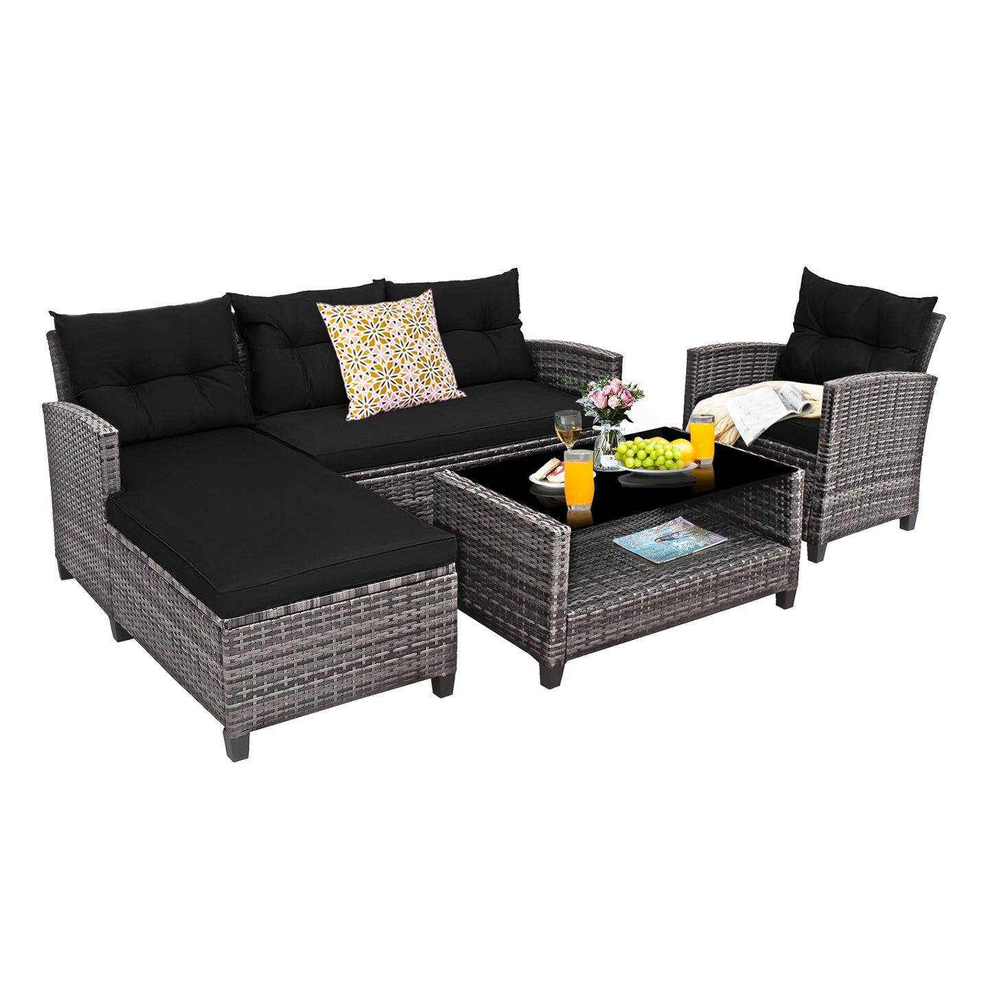 4-Piece Patio Rattan Sofa Set With Cushion, 2-Tier Coffee Table, Black Outdoor Sectionals at Gallery Canada