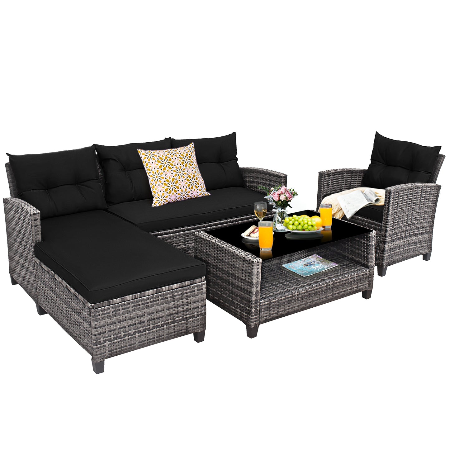 4-Piece Patio Rattan Sofa Set With Cushion, 2-Tier Coffee Table, Black Outdoor Sectionals at Gallery Canada