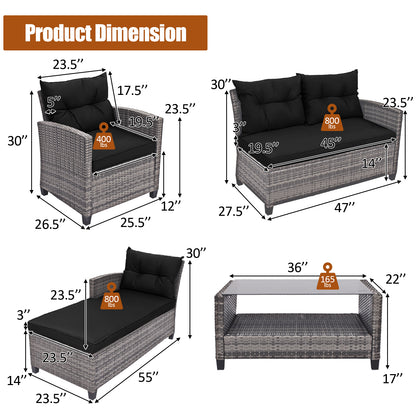 4-Piece Patio Rattan Sofa Set With Cushion, 2-Tier Coffee Table, Black Outdoor Sectionals at Gallery Canada