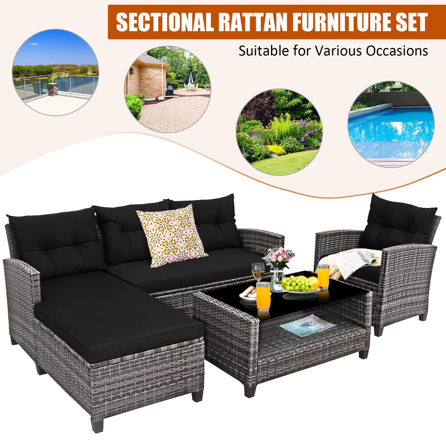 4-Piece Patio Rattan Sofa Set With Cushion, 2-Tier Coffee Table, Black Outdoor Sectionals at Gallery Canada
