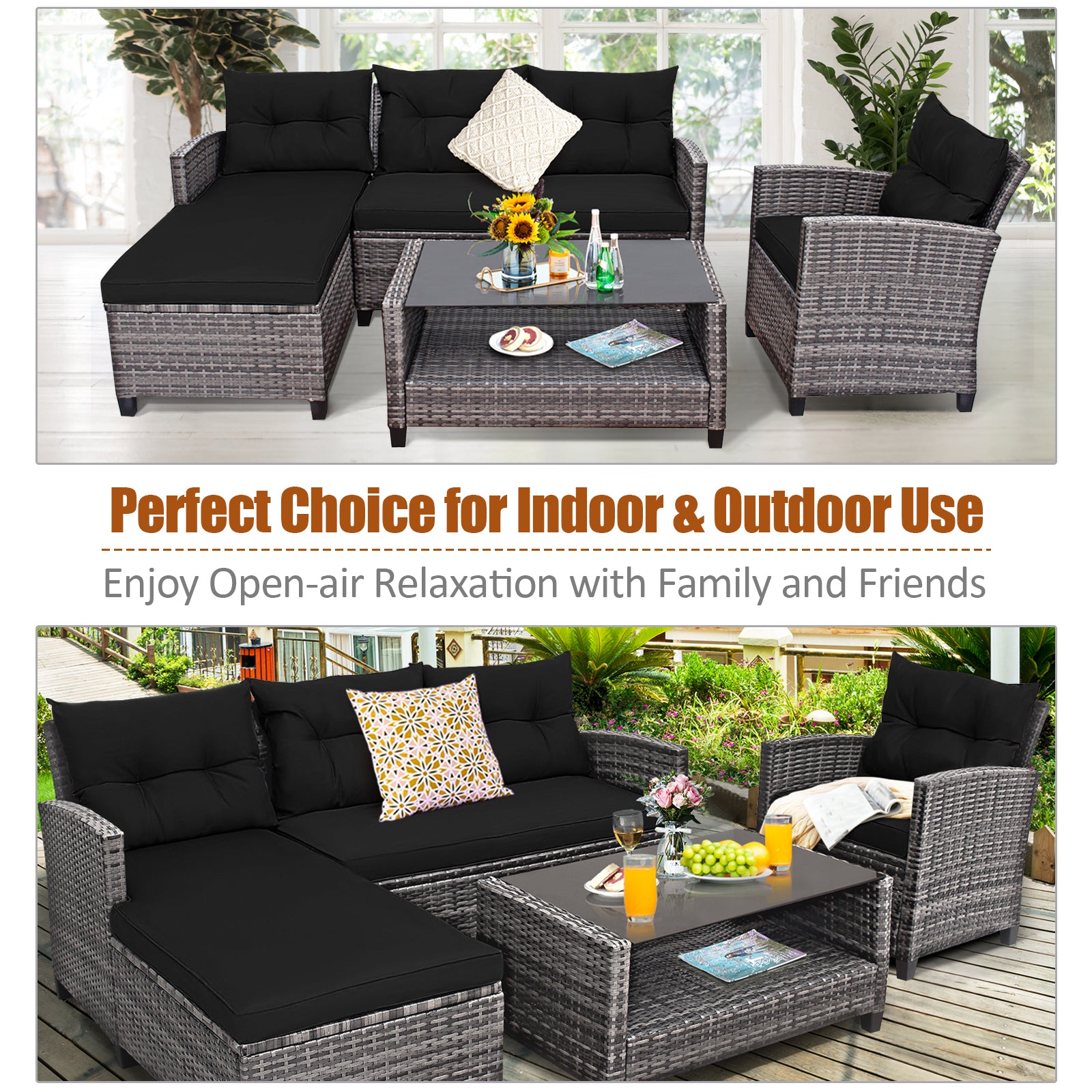 4-Piece Patio Rattan Sofa Set With Cushion, 2-Tier Coffee Table, Black Outdoor Sectionals at Gallery Canada