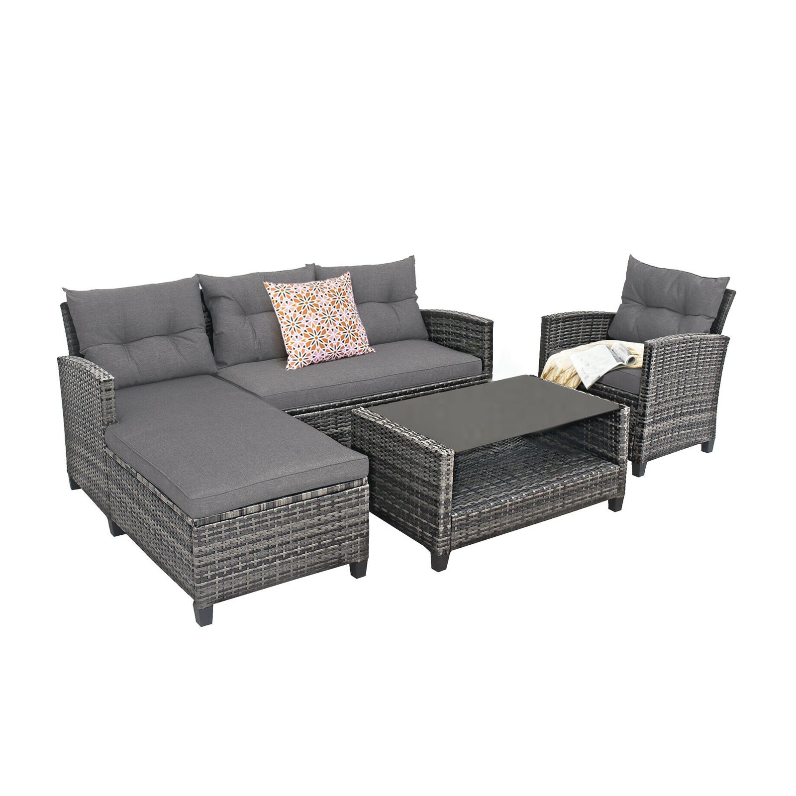 4 Piece Patio Rattan Furniture Set With Cushion, Gray Outdoor Sectionals Gray at Gallery Canada