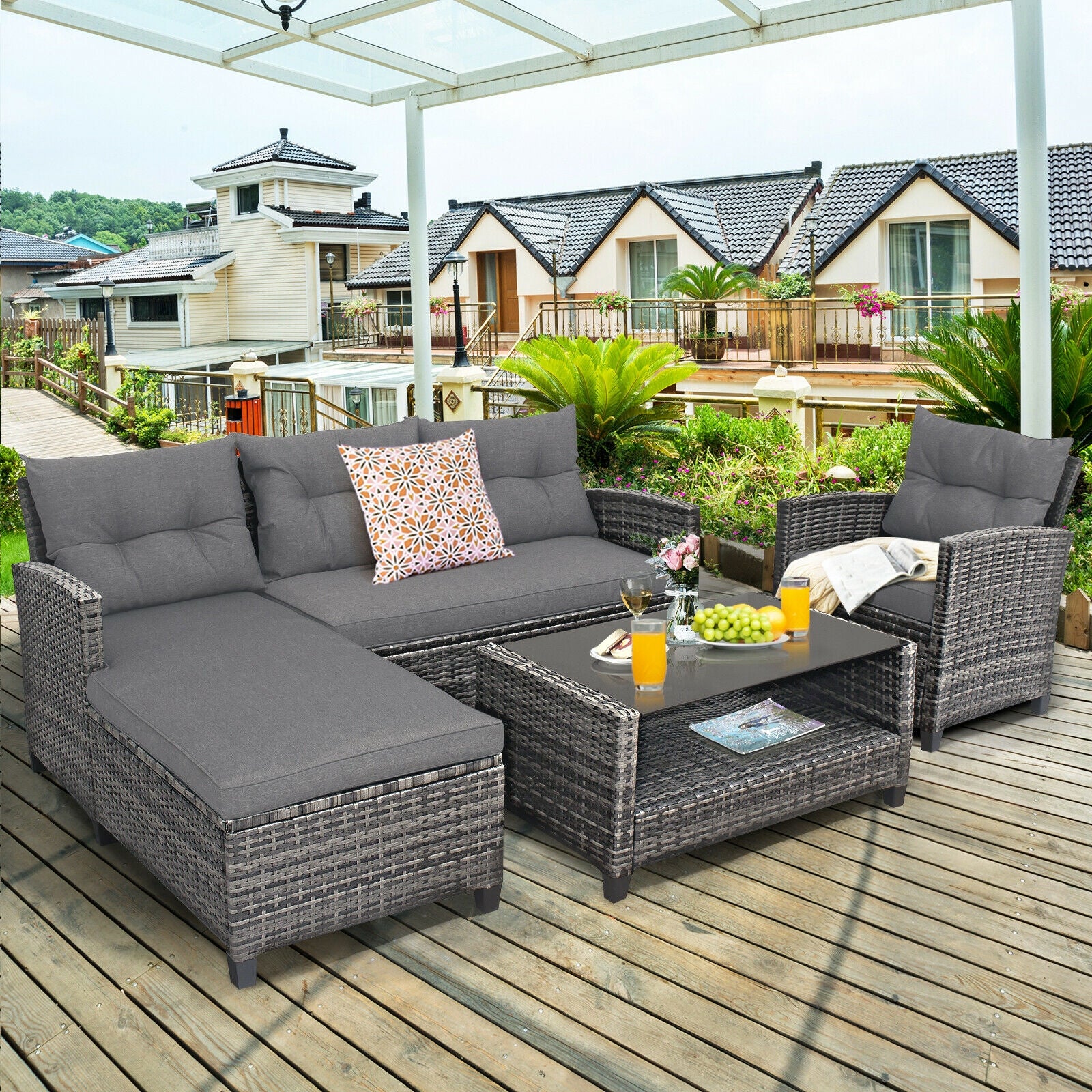 4 Piece Patio Rattan Furniture Set With Cushion, Gray Outdoor Sectionals at Gallery Canada