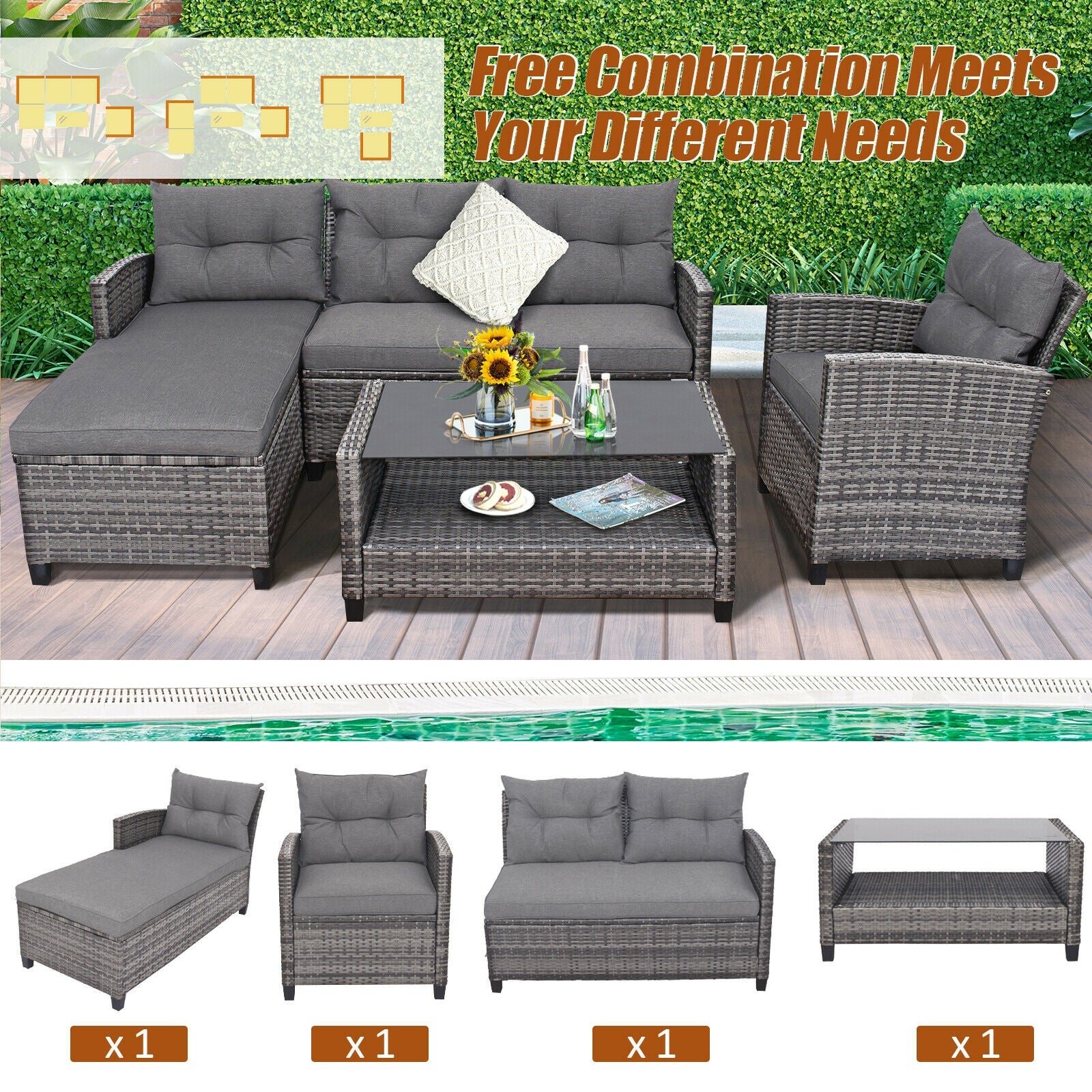 4 Piece Patio Rattan Furniture Set With Cushion, Gray Outdoor Sectionals at Gallery Canada