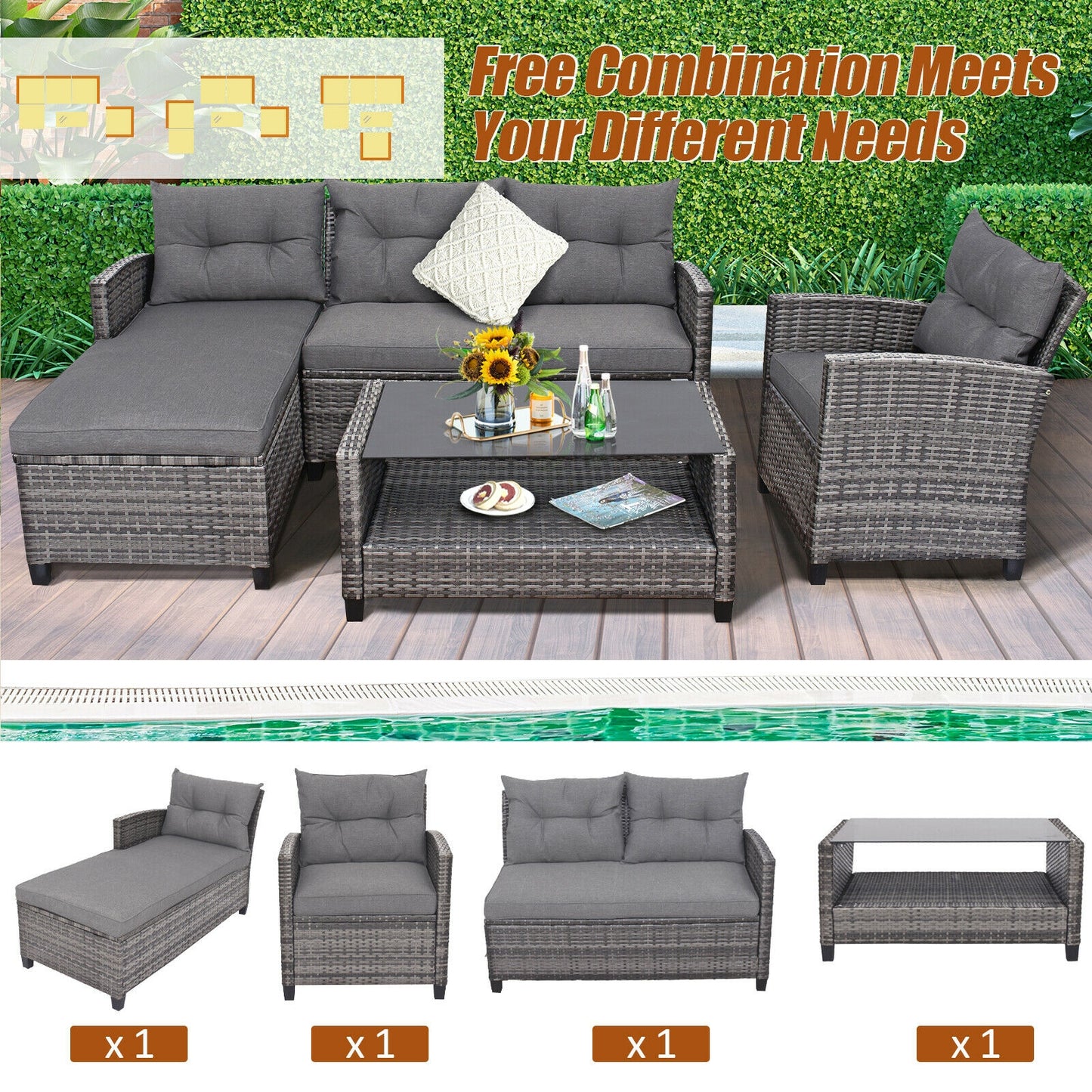 4 Piece Patio Rattan Furniture Set With Cushion, Gray Outdoor Sectionals at Gallery Canada