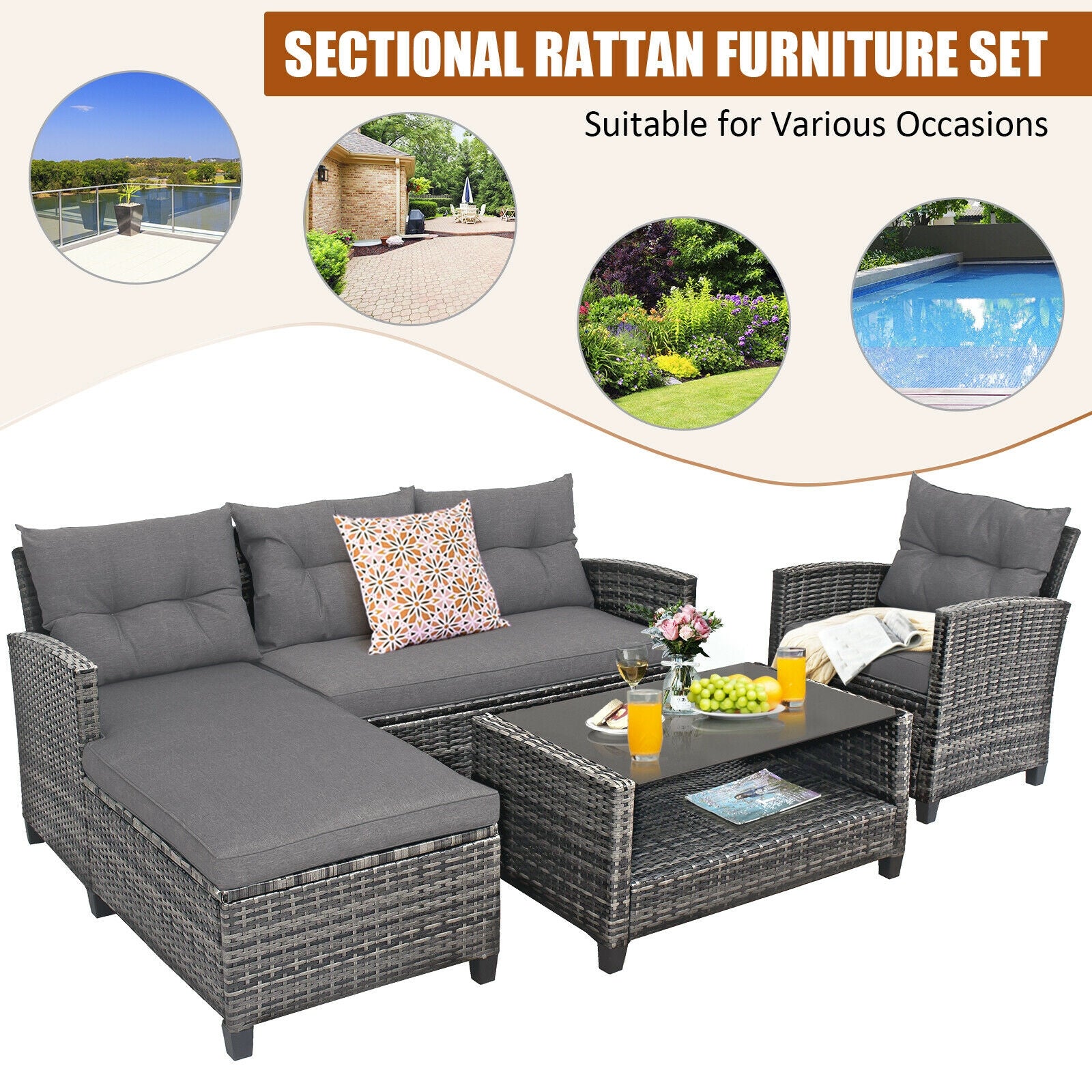 4 Piece Patio Rattan Furniture Set With Cushion, Gray Outdoor Sectionals at Gallery Canada