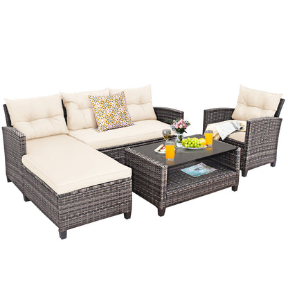 Patio Rattan Furniture Set, 4 Pieces, With Cushion And Table Shelf, Off White Outdoor Sectionals at Gallery Canada