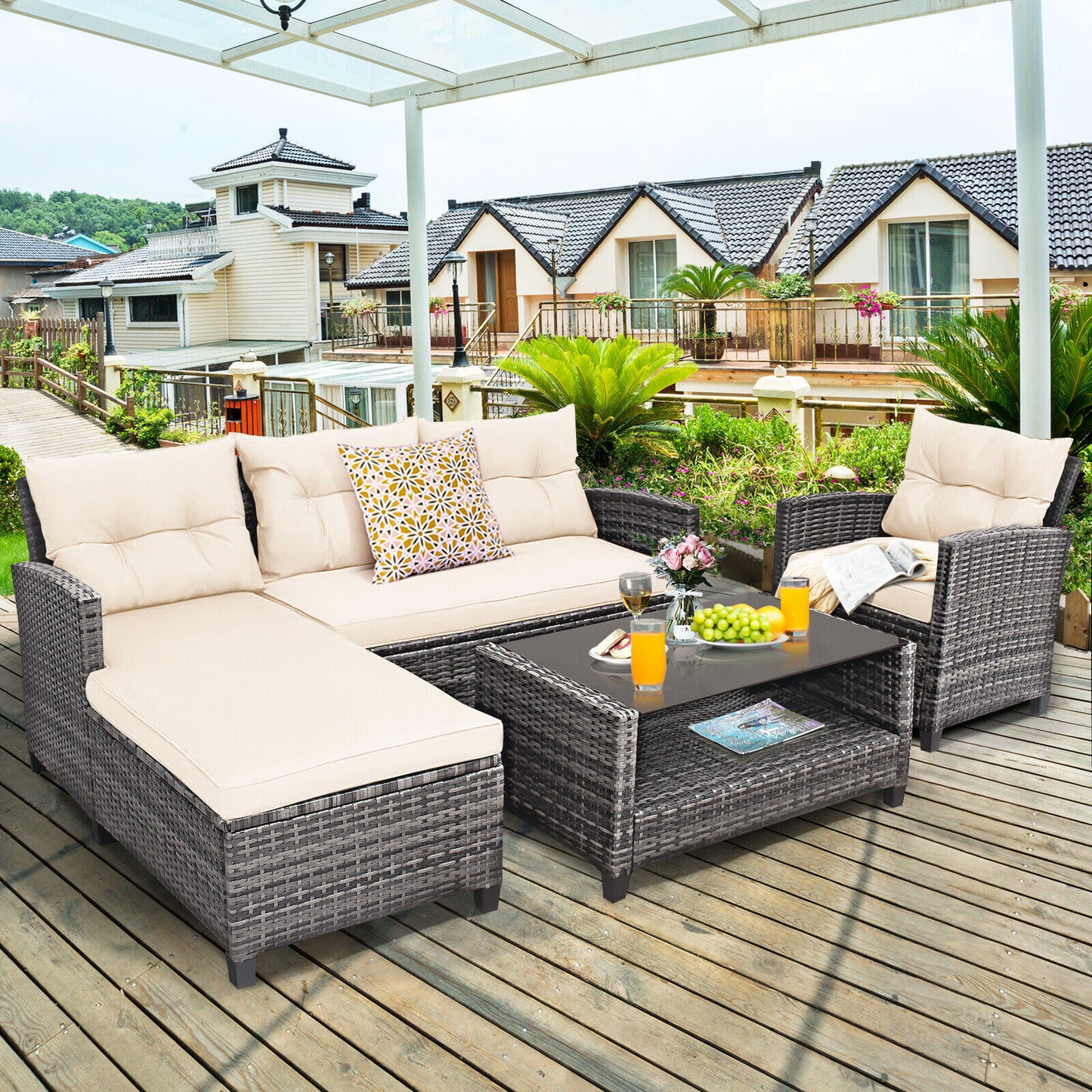 Patio Rattan Furniture Set, 4 Pieces, With Cushion And Table Shelf, Off White Outdoor Sectionals at Gallery Canada