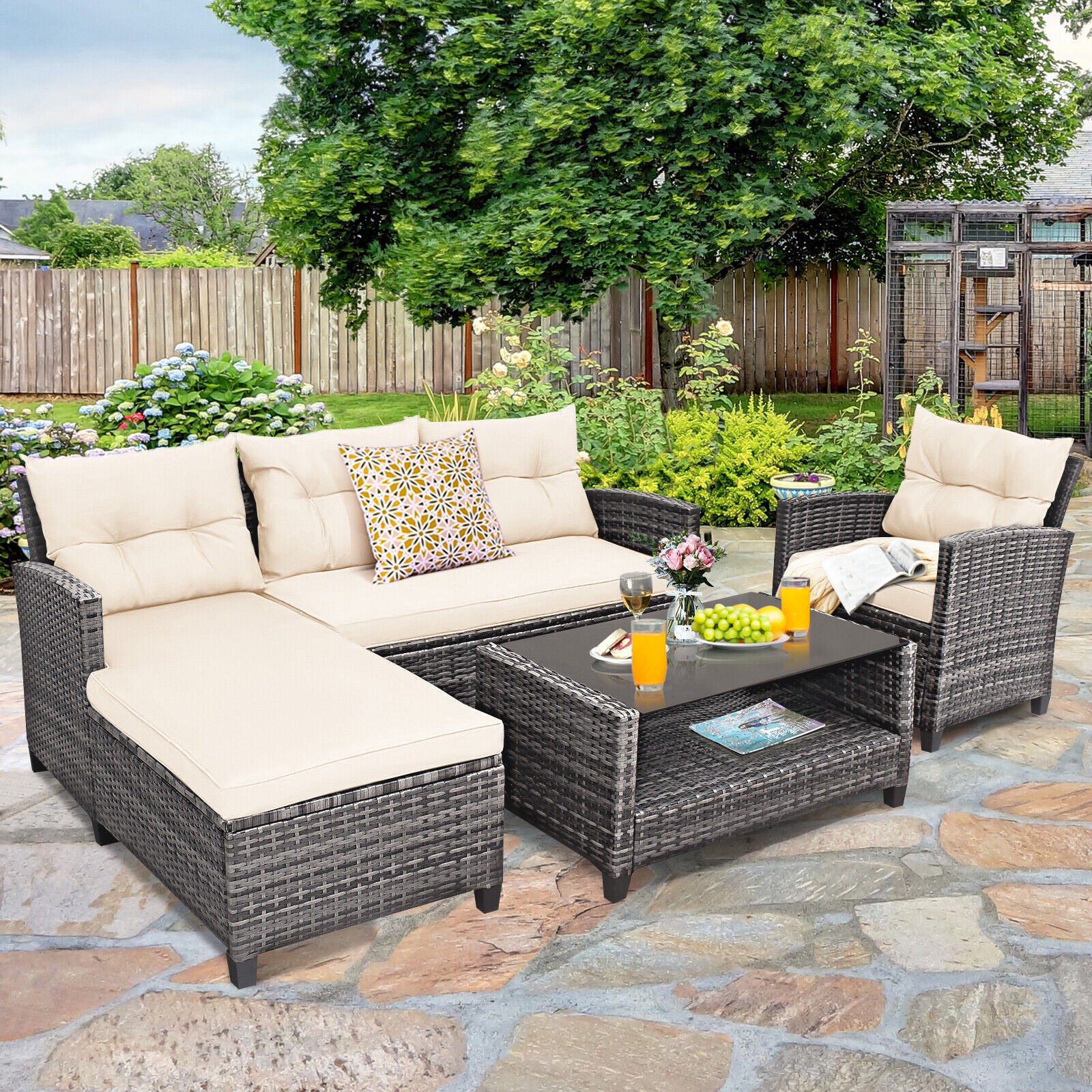 Patio Rattan Furniture Set, 4 Pieces, With Cushion And Table Shelf, Off White Outdoor Sectionals at Gallery Canada