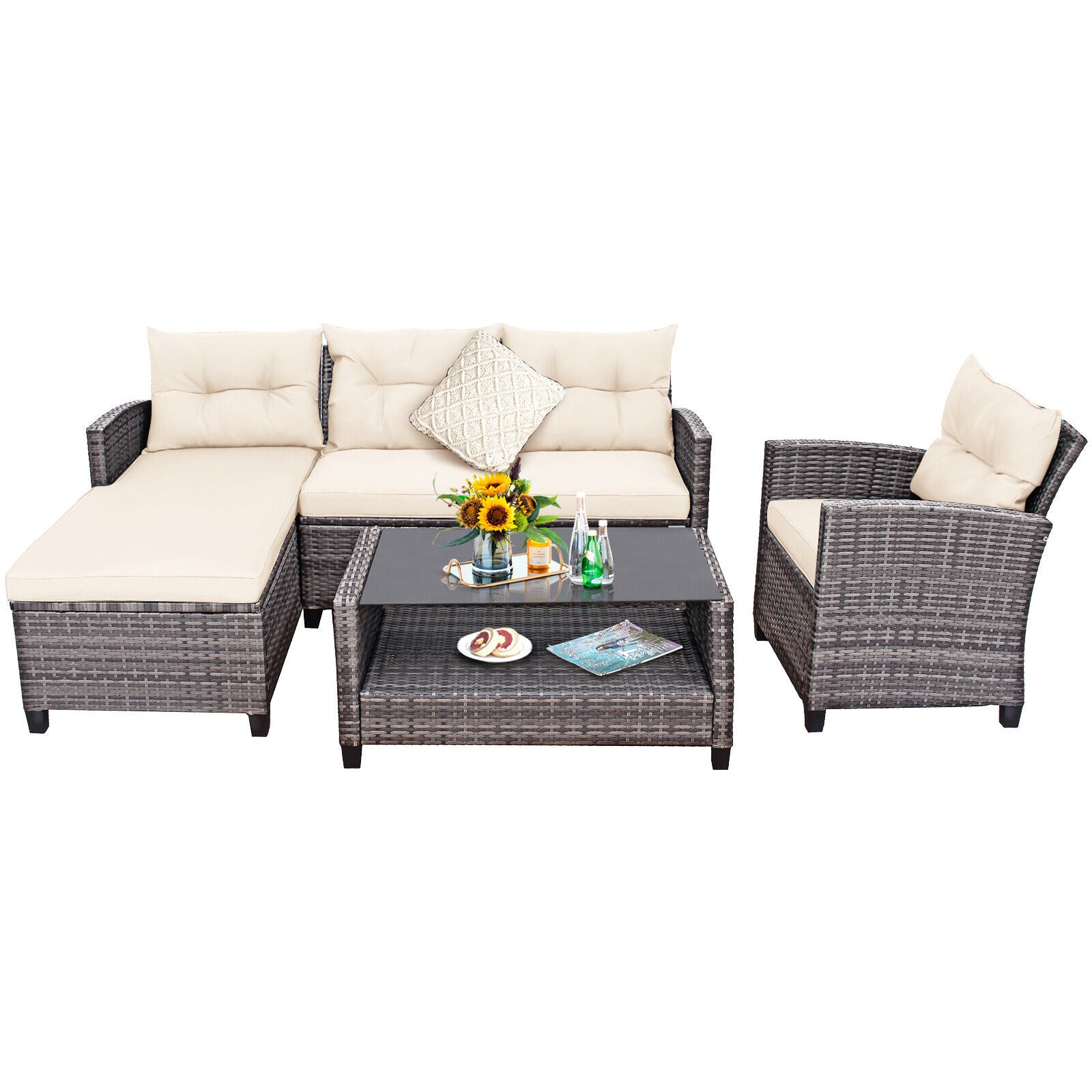 Patio Rattan Furniture Set, 4 Pieces, With Cushion And Table Shelf, Off White Outdoor Sectionals at Gallery Canada