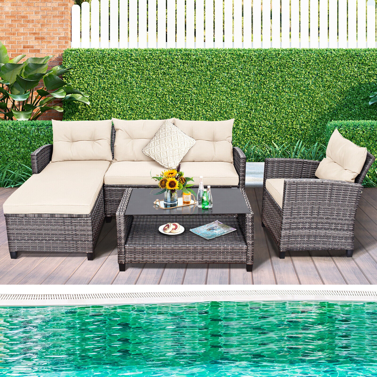 Patio Rattan Furniture Set, 4 Pieces, With Cushion And Table Shelf, Off White Outdoor Sectionals at Gallery Canada