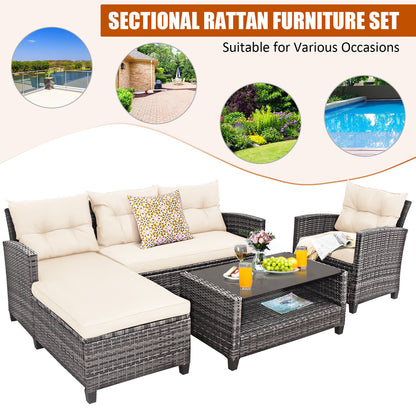 Patio Rattan Furniture Set, 4 Pieces, With Cushion And Table Shelf, Off White Outdoor Sectionals at Gallery Canada