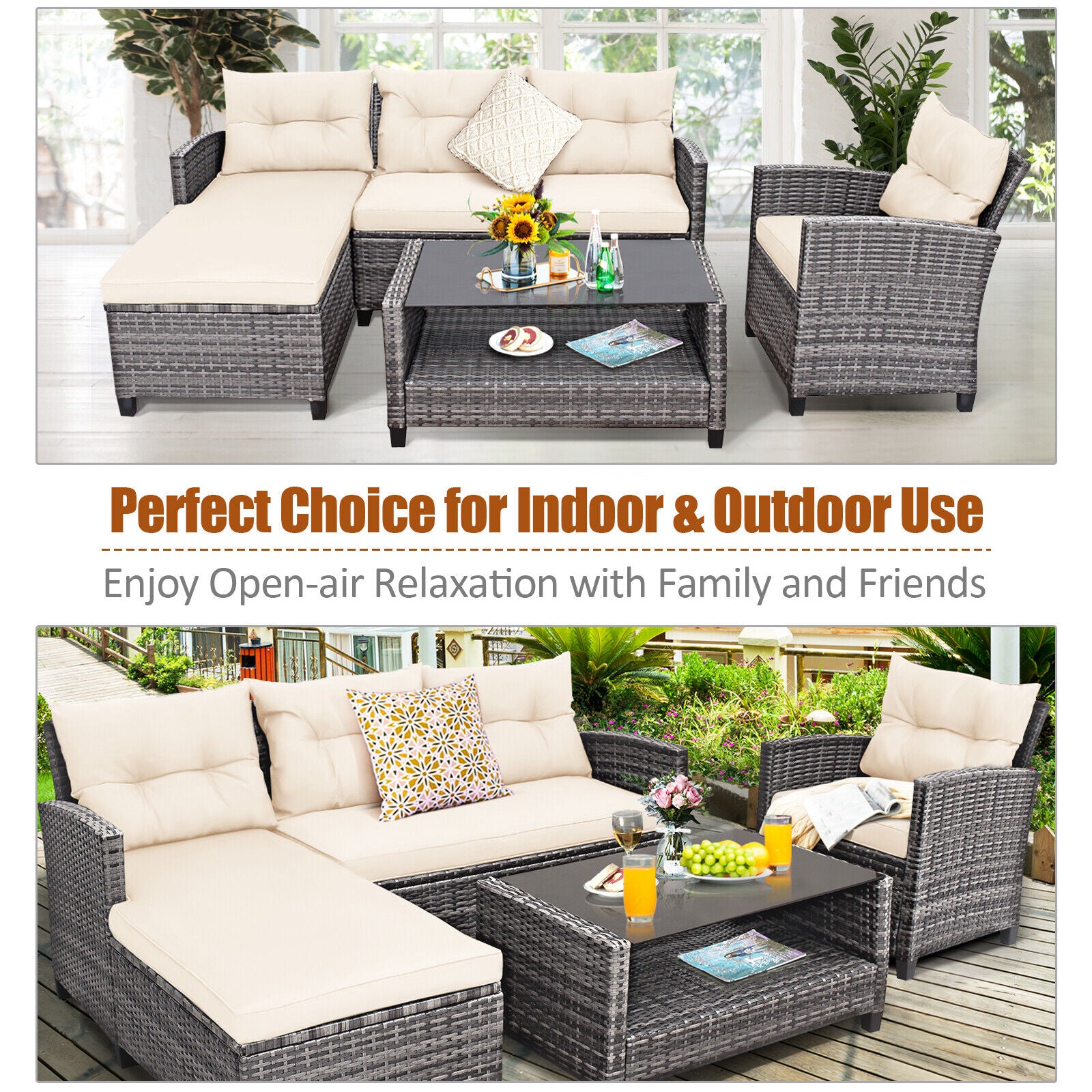 Patio Rattan Furniture Set, 4 Pieces, With Cushion And Table Shelf, Off White Outdoor Sectionals at Gallery Canada