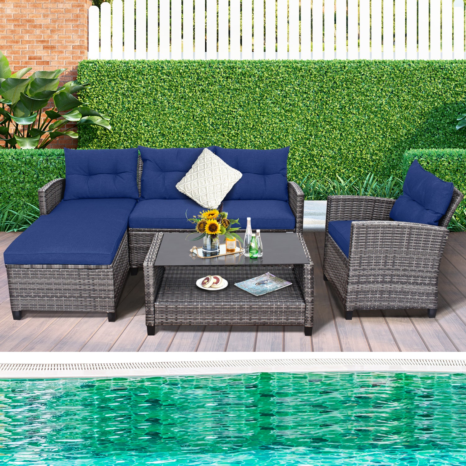 4 Pieces Patio Rattan Sofa Furniture Set with Cushion and 2-Tier Coffee Table, Navy Outdoor Sectionals at Gallery Canada