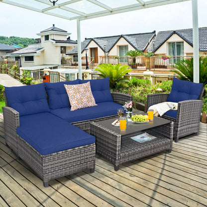 4 Pieces Patio Rattan Sofa Furniture Set with Cushion and 2-Tier Coffee Table, Navy Outdoor Sectionals at Gallery Canada