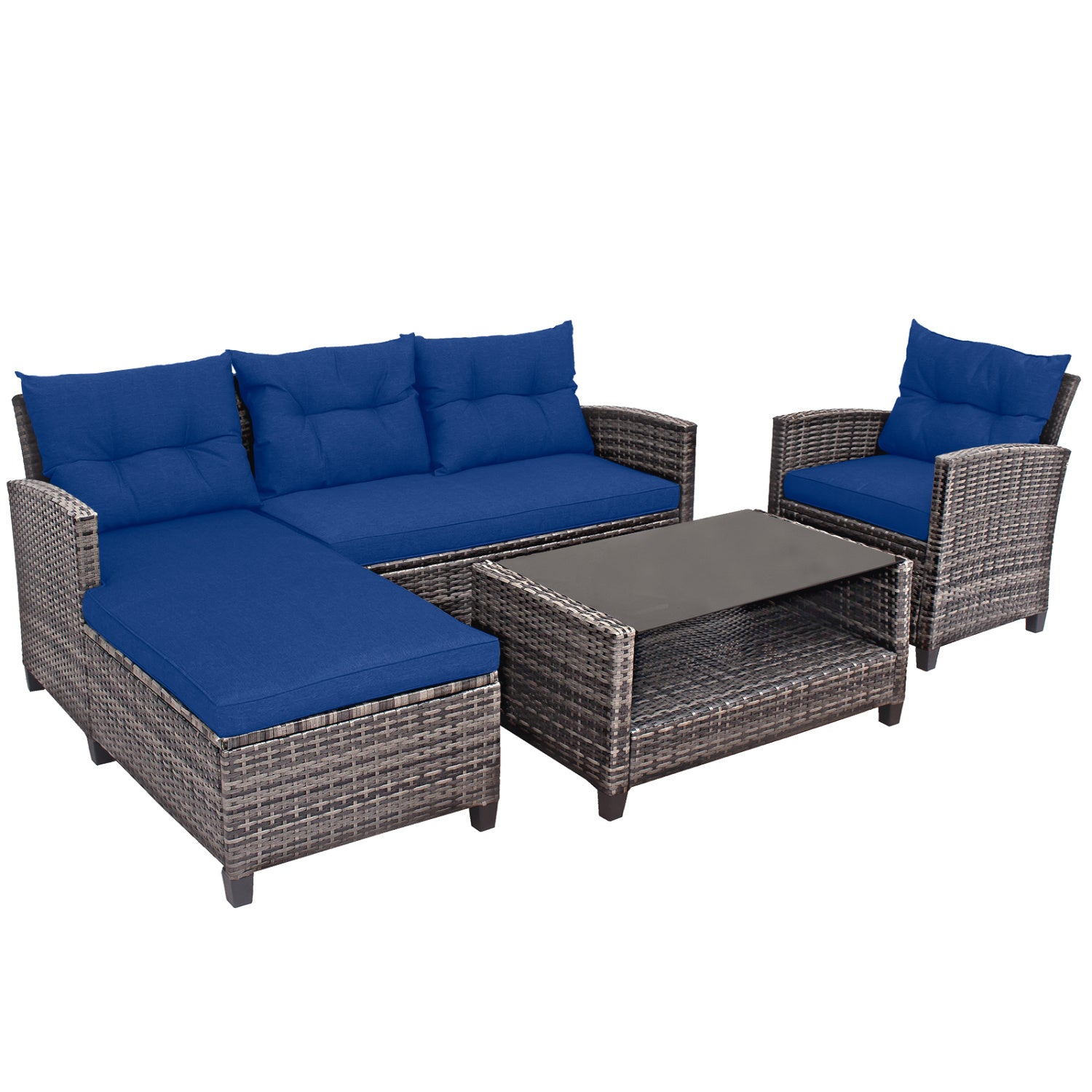 4 Pieces Patio Rattan Sofa Furniture Set with Cushion and 2-Tier Coffee Table, Navy Outdoor Sectionals Navy at Gallery Canada