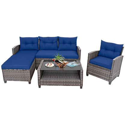 4 Pieces Patio Rattan Sofa Furniture Set with Cushion and 2-Tier Coffee Table, Navy Outdoor Sectionals at Gallery Canada