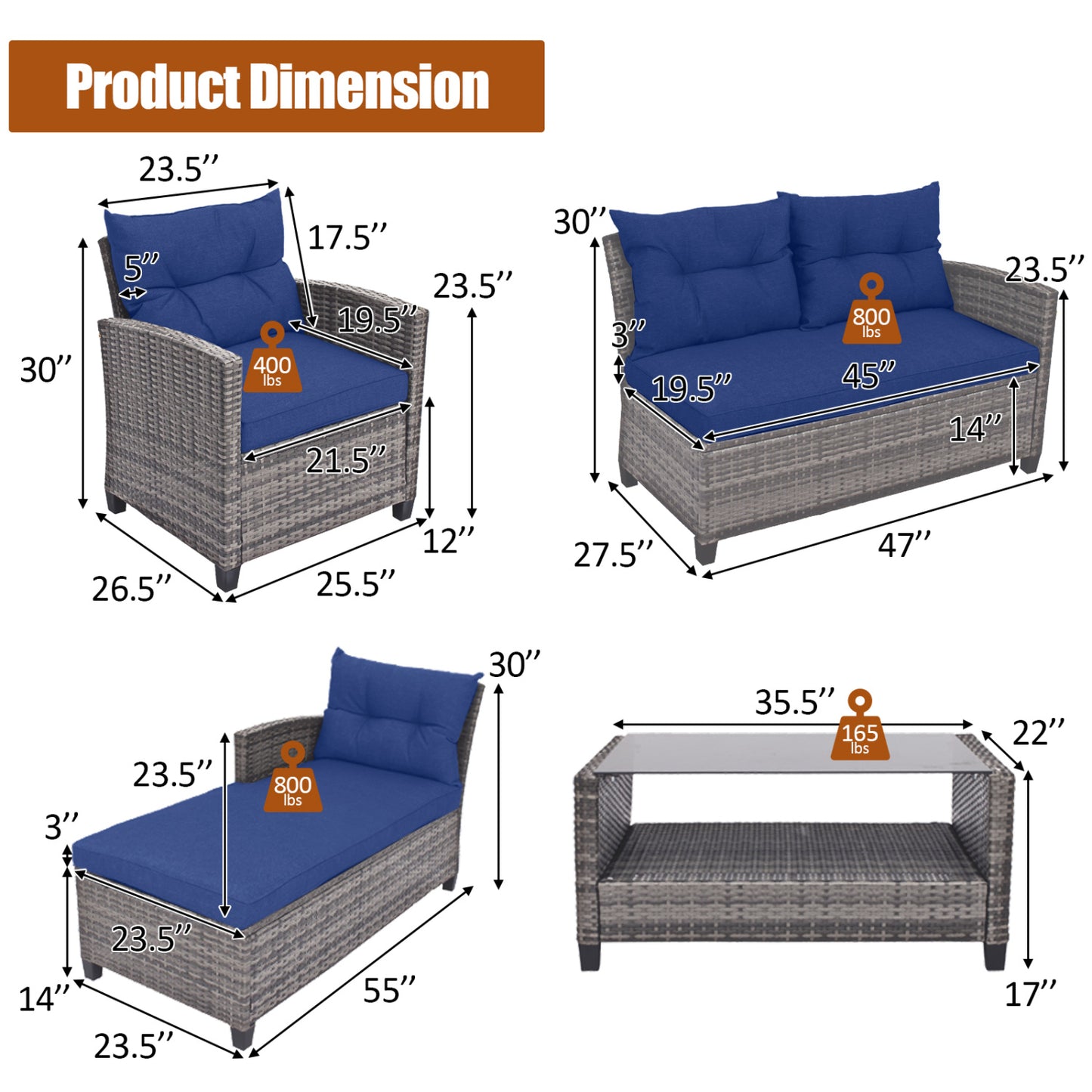 4 Pieces Patio Rattan Sofa Furniture Set with Cushion and 2-Tier Coffee Table, Navy Outdoor Sectionals at Gallery Canada