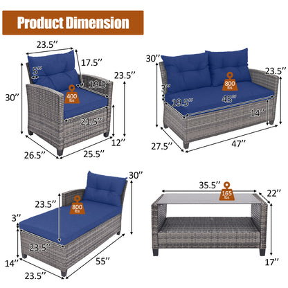 4 Pieces Patio Rattan Sofa Furniture Set with Cushion and 2-Tier Coffee Table, Navy Outdoor Sectionals at Gallery Canada
