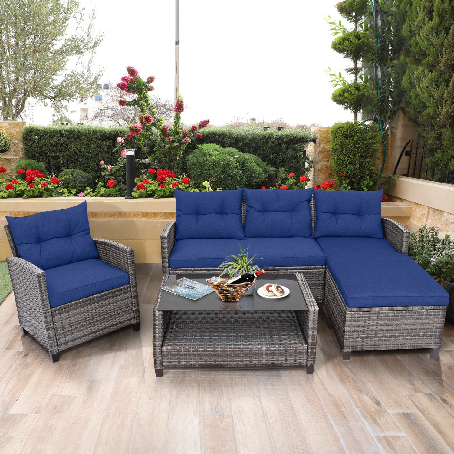 4 Pieces Patio Rattan Sofa Furniture Set with Cushion and 2-Tier Coffee Table, Navy Outdoor Sectionals at Gallery Canada