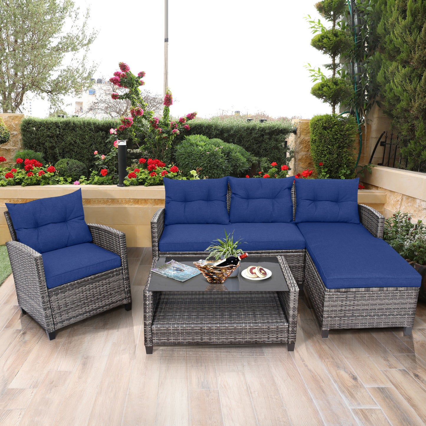 4 Pieces Patio Rattan Sofa Furniture Set with Cushion and 2-Tier Coffee Table, Navy Outdoor Sectionals at Gallery Canada
