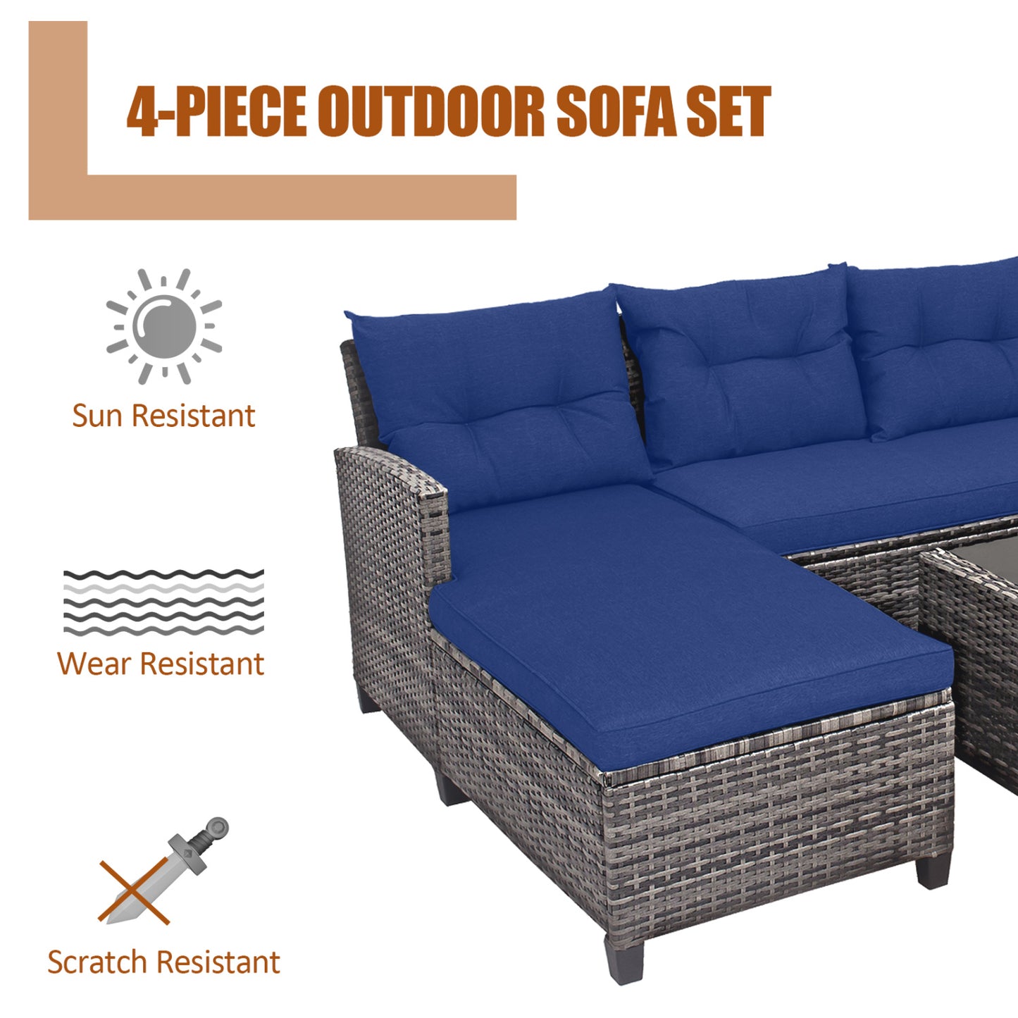 4 Pieces Patio Rattan Sofa Furniture Set with Cushion and 2-Tier Coffee Table, Navy Outdoor Sectionals at Gallery Canada