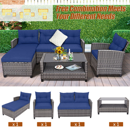 4 Pieces Patio Rattan Sofa Furniture Set with Cushion and 2-Tier Coffee Table, Navy Outdoor Sectionals at Gallery Canada