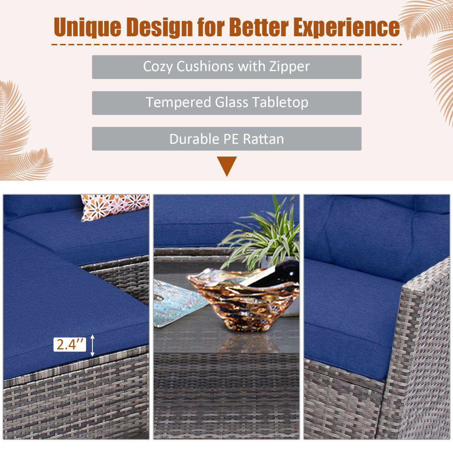 4 Pieces Patio Rattan Sofa Furniture Set with Cushion and 2-Tier Coffee Table, Navy Outdoor Sectionals at Gallery Canada