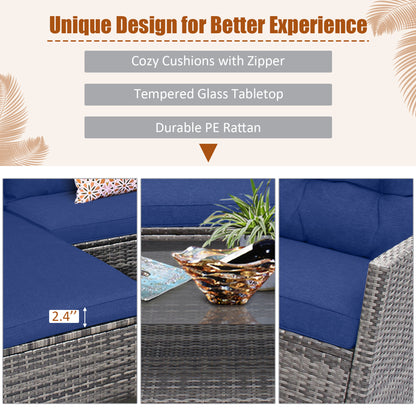 4 Pieces Patio Rattan Sofa Furniture Set with Cushion and 2-Tier Coffee Table, Navy Outdoor Sectionals at Gallery Canada