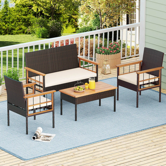 4-Piece Wicker Furniture Set, Acacia Wood Tabletop, White Patio Conversation Sets White at Gallery Canada