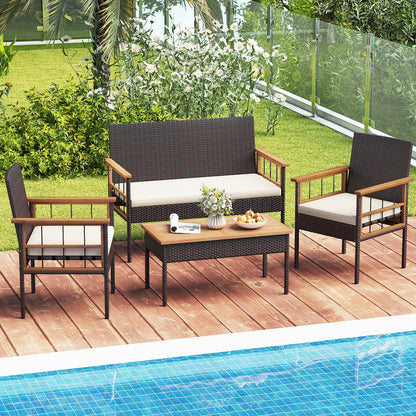 4-Piece Wicker Furniture Set, Acacia Wood Tabletop, White Patio Conversation Sets at Gallery Canada