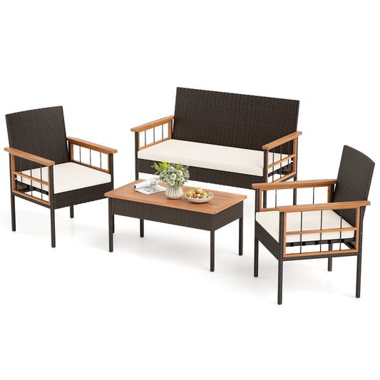 4-Piece Wicker Furniture Set, Acacia Wood Tabletop, White Patio Conversation Sets White at Gallery Canada