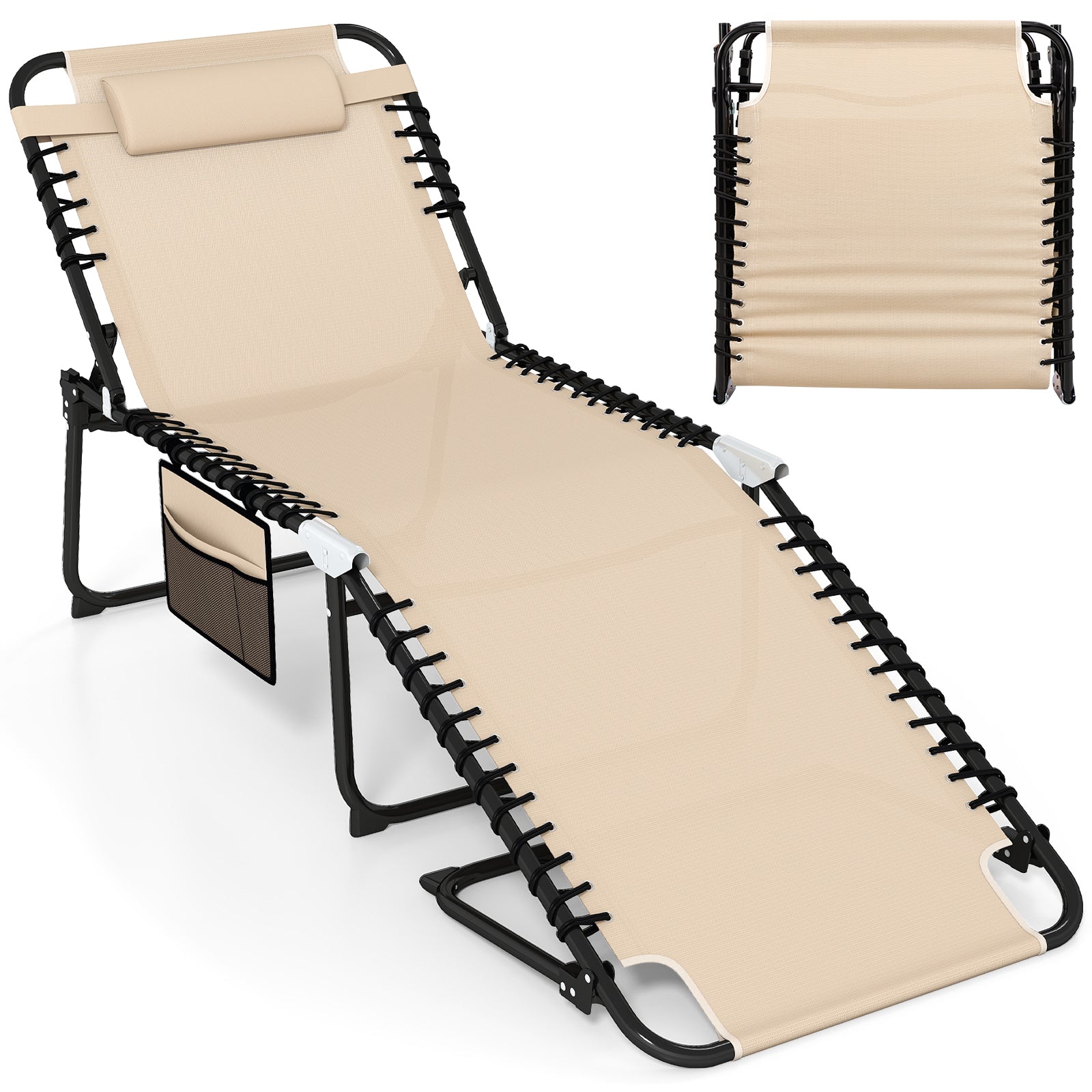 4 Position Folding Lounge Chaise with Adjustable Backrest and Footrest, Beige Outdoor Chaise Lounges Beige at Gallery Canada