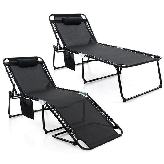4 Position Folding Lounge Chaise, Adjustable Backrest And Footrest, Black