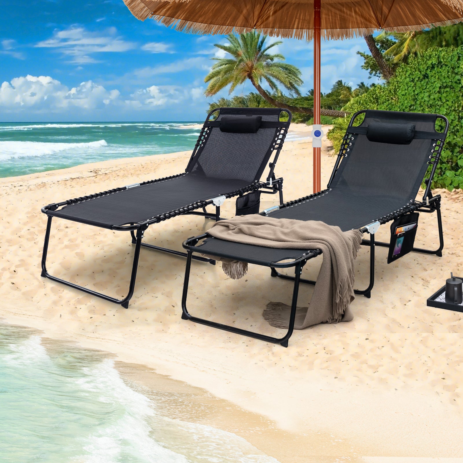 4 Position Folding Lounge Chaise with Adjustable Backrest and Footrest, Black Outdoor Chaise Lounges at Gallery Canada