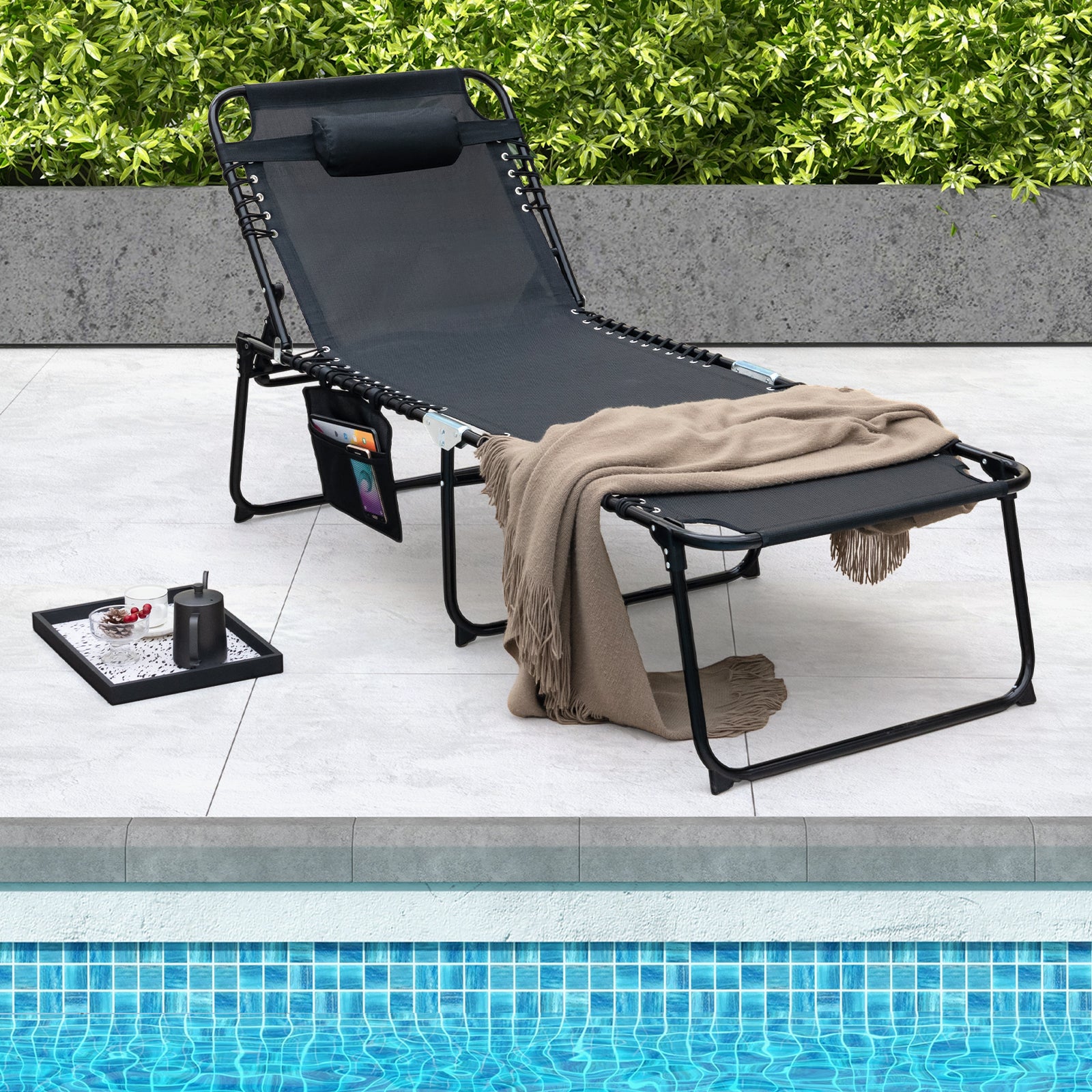 4 Position Folding Lounge Chaise with Adjustable Backrest and Footrest, Black Outdoor Chaise Lounges at Gallery Canada