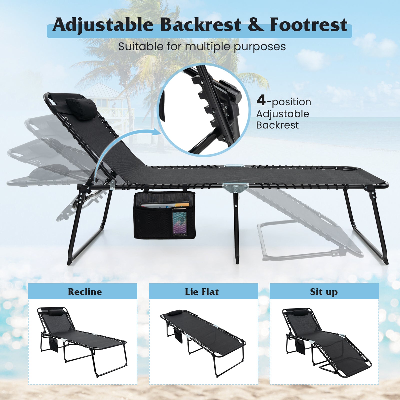 4 Position Folding Lounge Chaise with Adjustable Backrest and Footrest, Black Outdoor Chaise Lounges at Gallery Canada