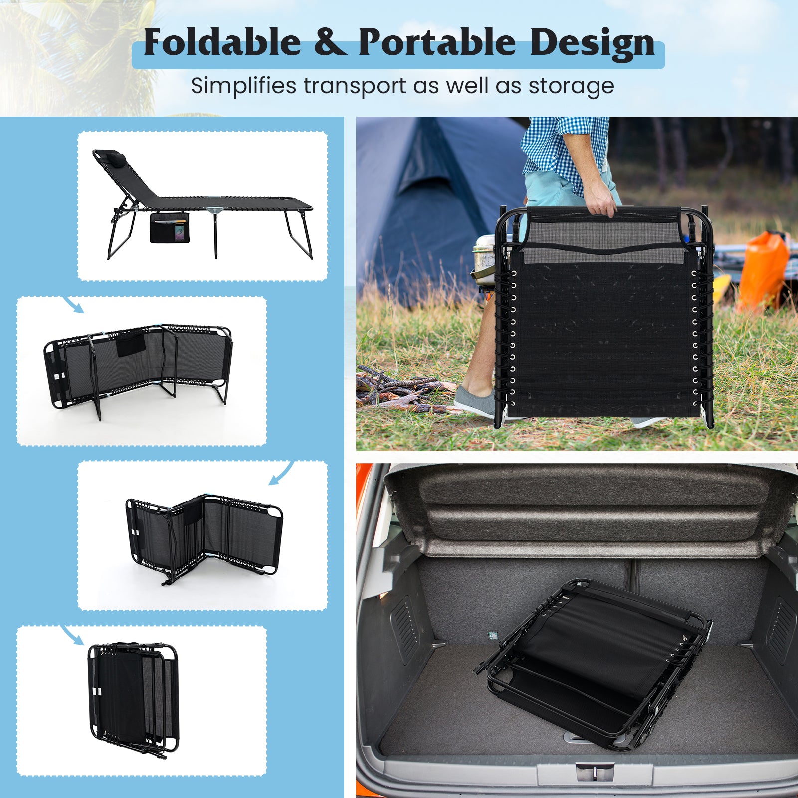 4 Position Folding Lounge Chaise with Adjustable Backrest and Footrest, Black Outdoor Chaise Lounges at Gallery Canada