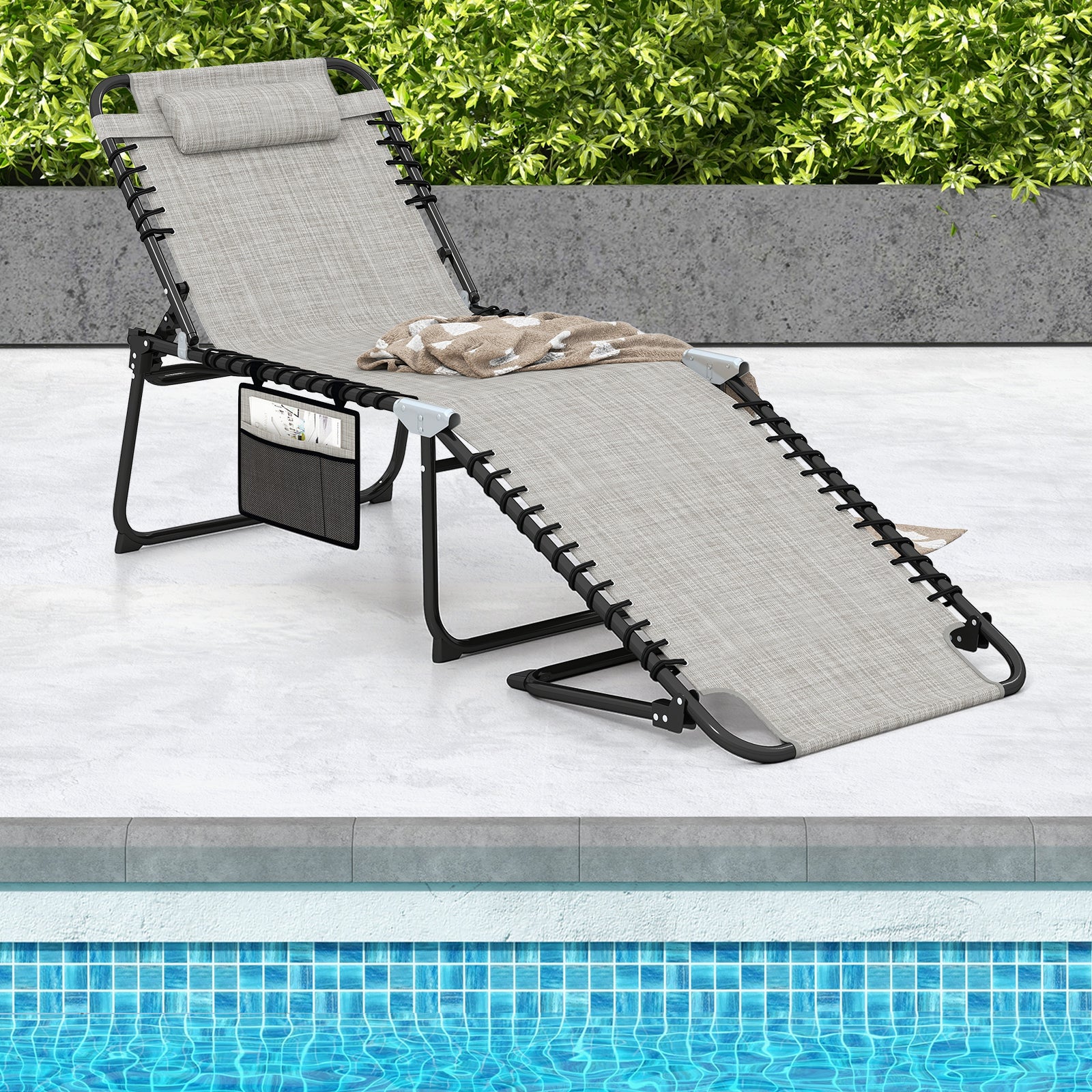 4 Position Folding Chaise, Adjustable Backrest, Footrest, Gray Outdoor Chaise Lounges at Gallery Canada