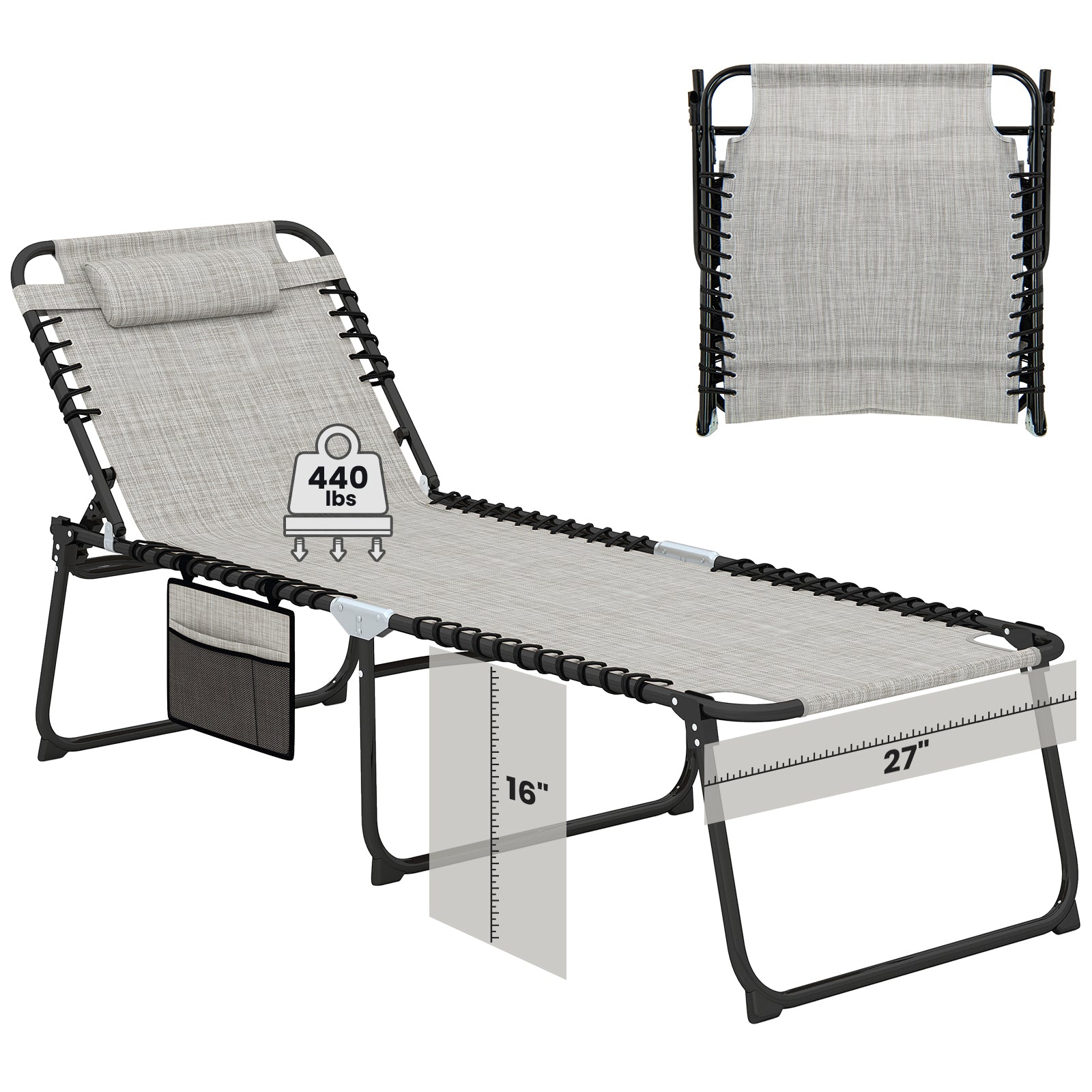 4 Position Folding Chaise, Adjustable Backrest, Footrest, Gray Outdoor Chaise Lounges Gray at Gallery Canada